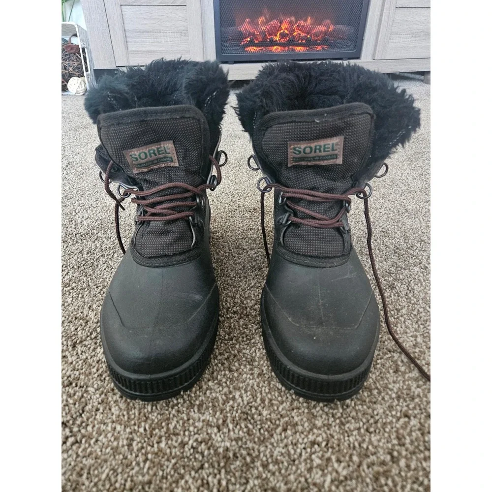 Sorel Kaufman Winter Boots Womens Size 8 Black Lined Faux Fur Trim Lace Up Ankle